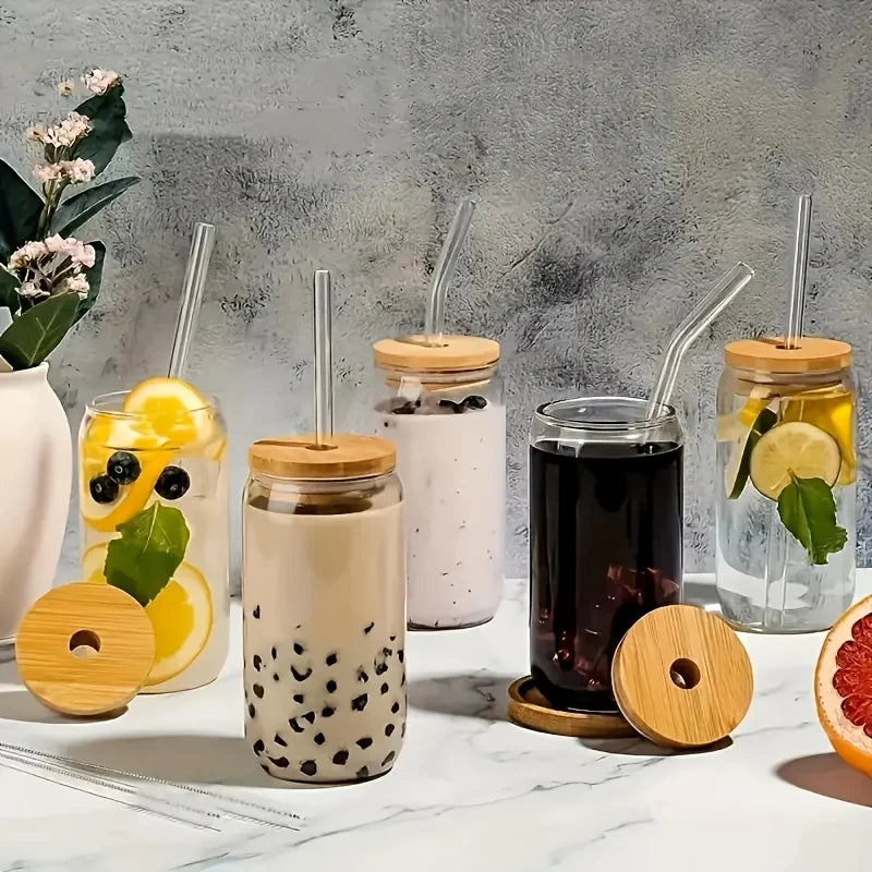 Six Piece Glass Drinking Set With Bamboo Lids And Straws
