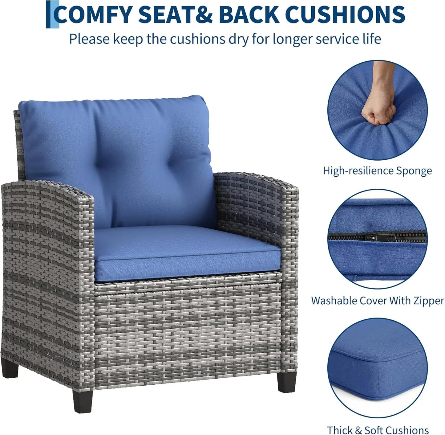 3 Pieces Office Furniture Set for Meeting Relaxation Interview Talking, Outdoor Wicker Rattan Chairs with Side Table, All-Weather Conversation Set with Cushions for Balcony, Porch, Backyard