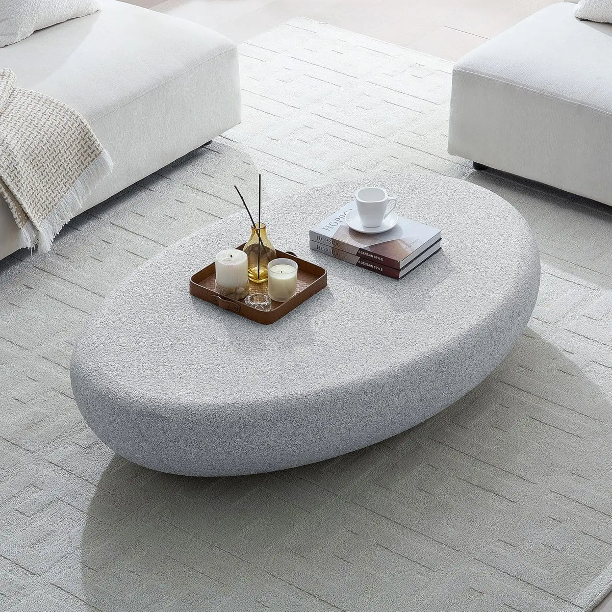 36" Oval Coffee Table, Modern Faux Stone Circle Center Table Accent Travertine Tea Table for Living Room, Magnesium, Customized
