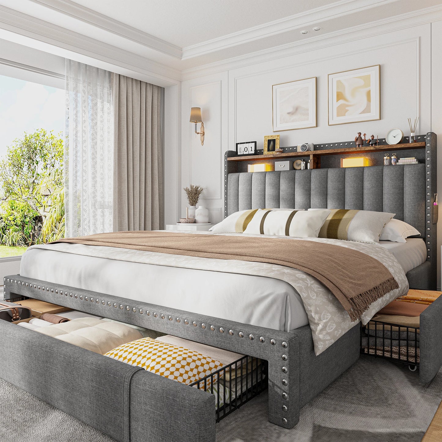 EnHomee Upholstered Platform Bed Frame With Three Storage Drawers