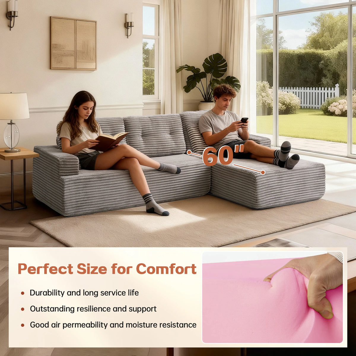 107'' Boneless Couch Cloud Sectional Couch Sofa Modular Comfy L-Shape Couch with Chaise for Living Room Sofas