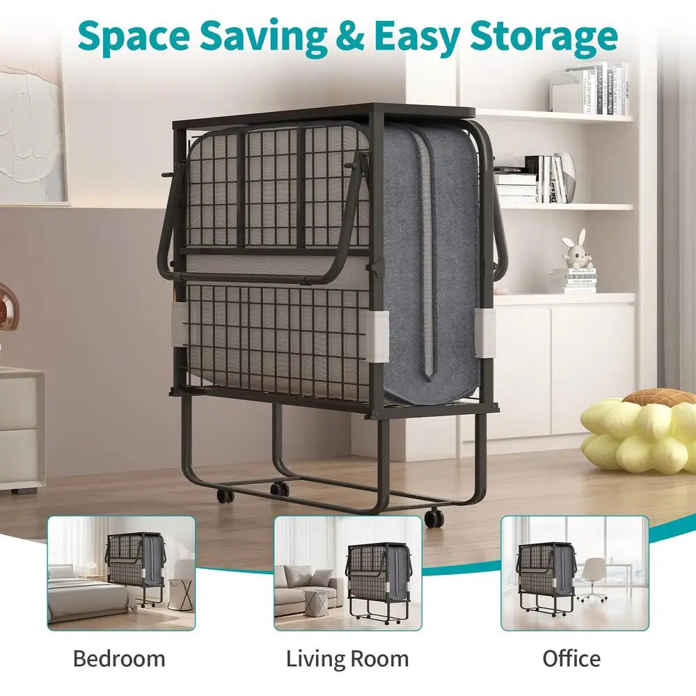 Rollaway Bed with Mattress for Adults, 75 x 46 Fold Up Bed with Headborad amp Dustproof Bag, Space Saving Rollaway Beds for Gue