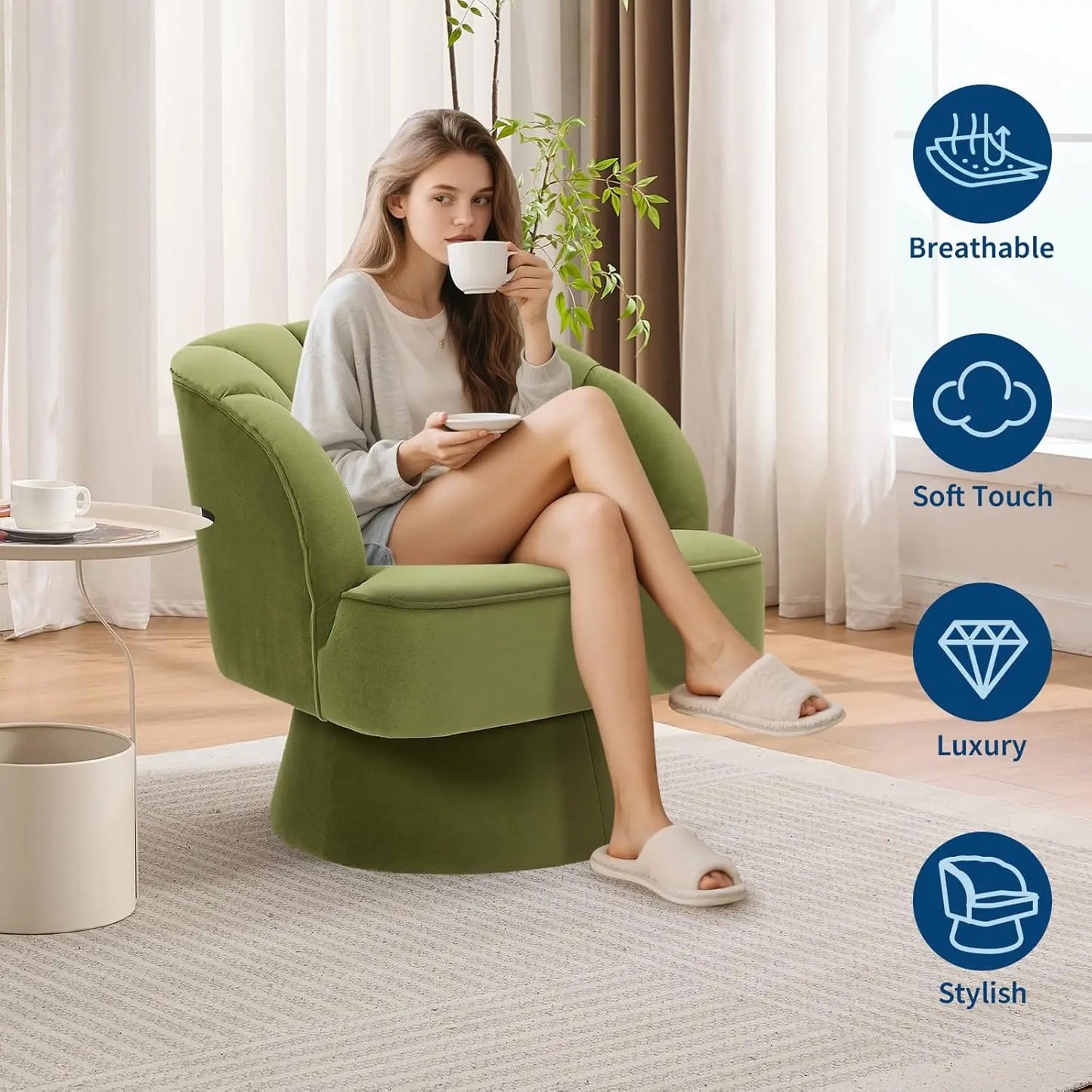 Ultra-Plush Swivel Accent Chair 360° Barrel Lounge Chair with Padding Modern Striped Backrest Velvet Upholstered Round Armchair