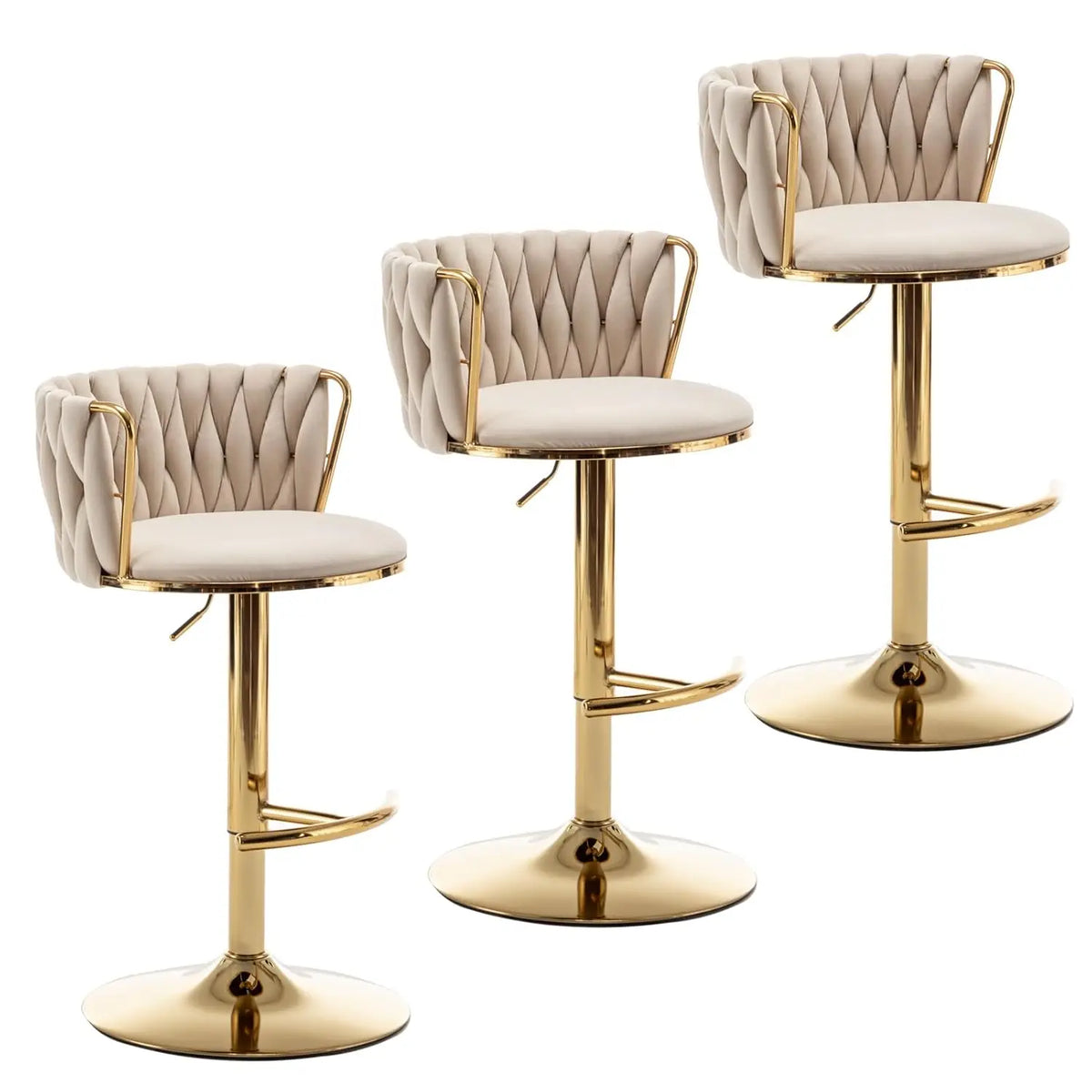 Mid Century Velvet Swivel Bar Stools With Woven Backrest and Support