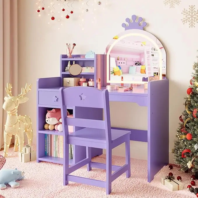 HiMISS Kids Vanity Set With Lights Princess Desk And Chair