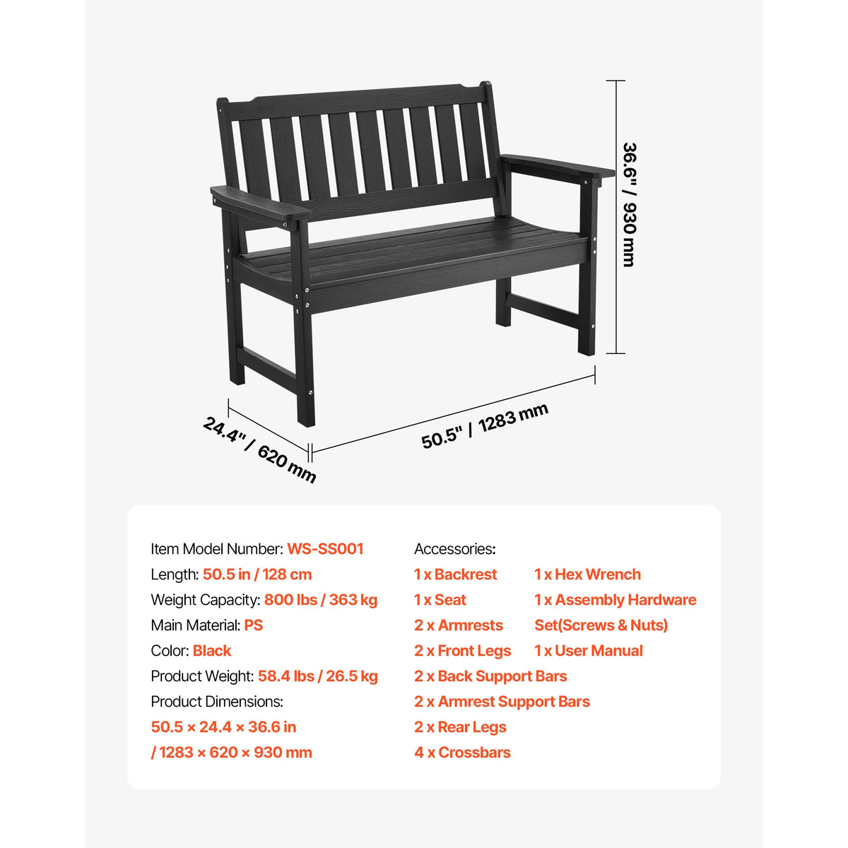 SucceBuy Outdoor Bench Carbon Steel Metal Frame with Backrest and Round Edge Armrests Weatherproof Outside Bench for Patio Park