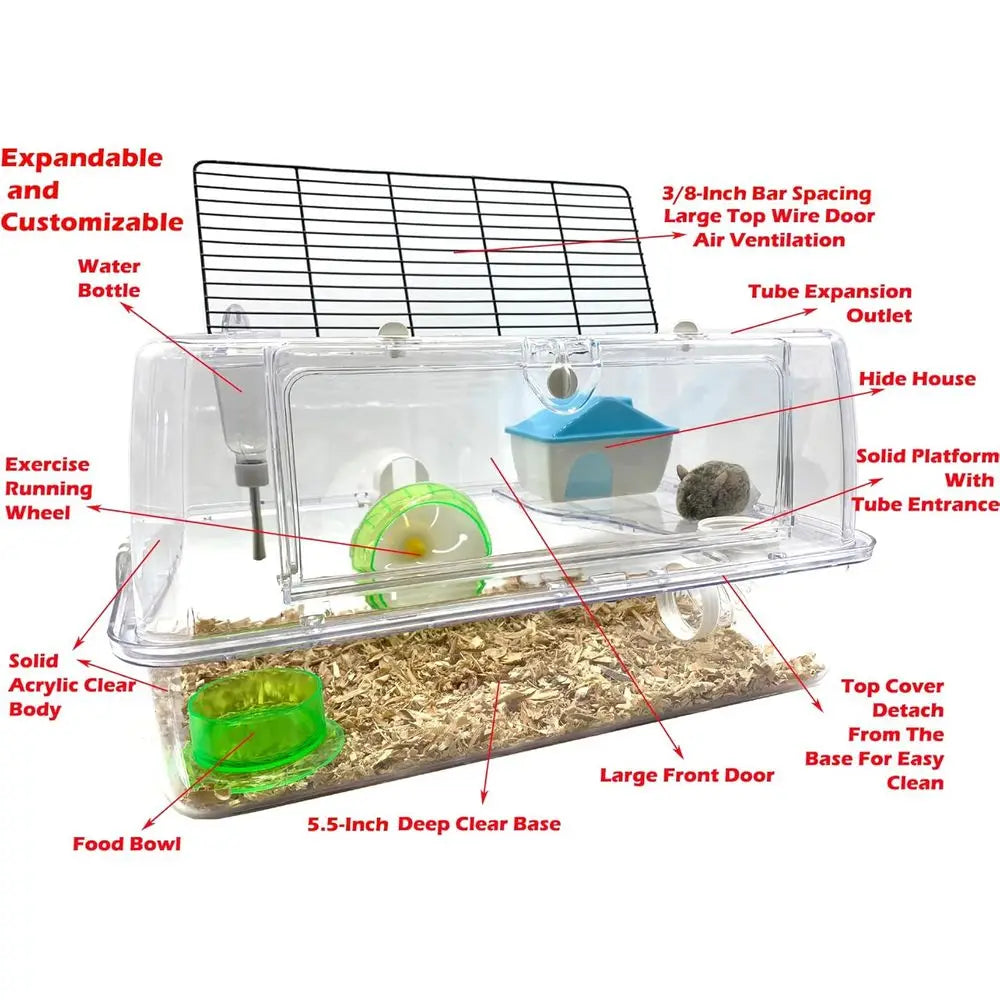 2-Tiers Acrylic Clear Easy Setup Deluxe House Habitat with Large Running Wheel, Water Bottle, Food Bowl, Hide House, Deep Base,
