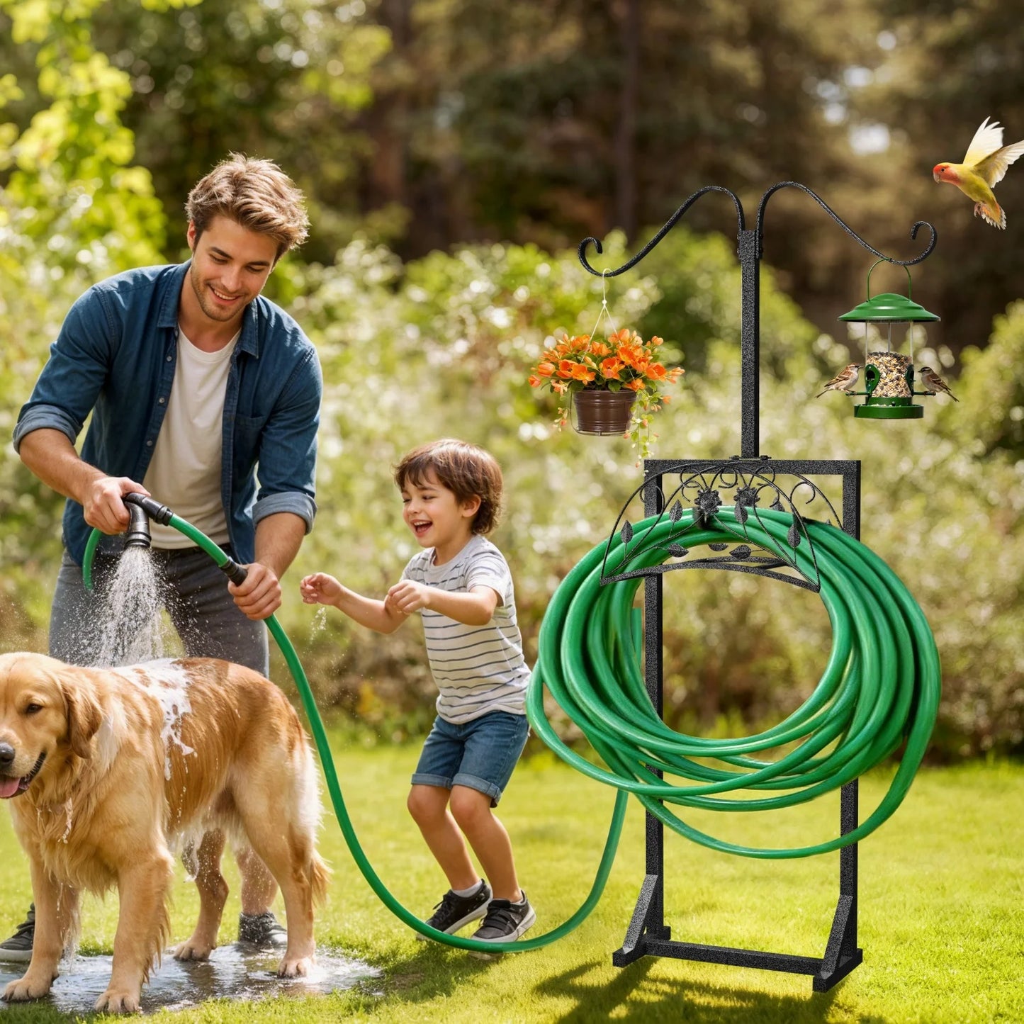 Freestanding Garden Hose Holder With 4 Spikes And 2 Hooks