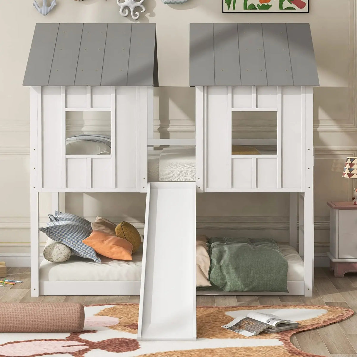 Wooden Bunk Bed Twin Size with Ladder Guardrails Slide Windows for Kids Bedroom, Customized