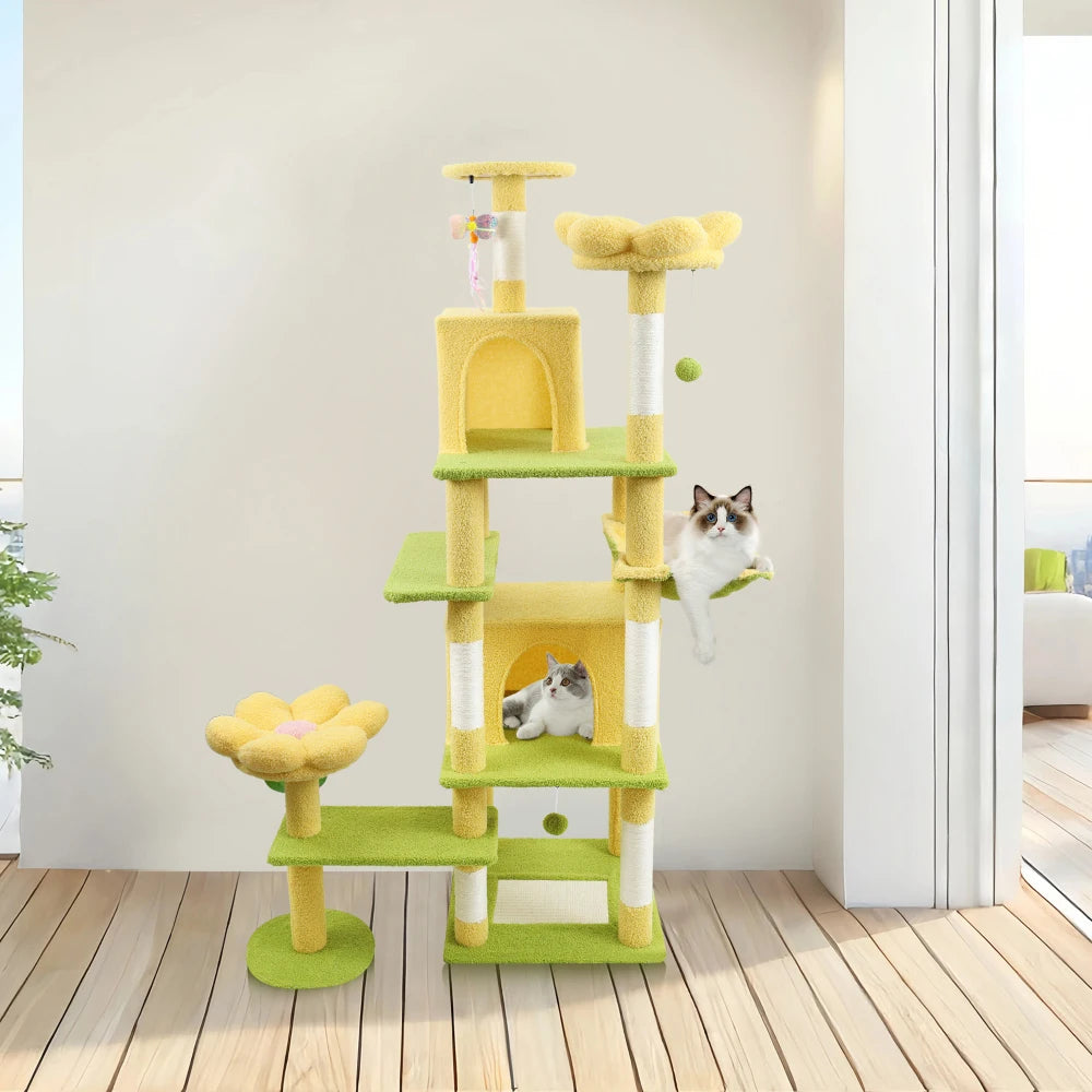 71 Inch Flower Cat Tree, Multi Level Cat Tower Indoor Cats with Large Condo, Removable Flower Cushion, Soft Hammock Pet Products