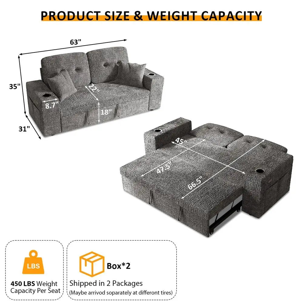 Inch Sleeper Sofa Bed, 3 in 1 Pull Out Couch Bed with Reclining Backrest, Small Loveseat with Wide Armrest USB Charging Side Po