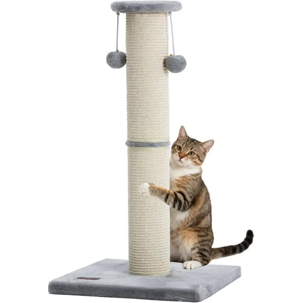 34 Inches Large Sturdy Cat Post with Sisal Scratcher and Hanging Ball Scratching Post for Indoor Cats Adult Grey