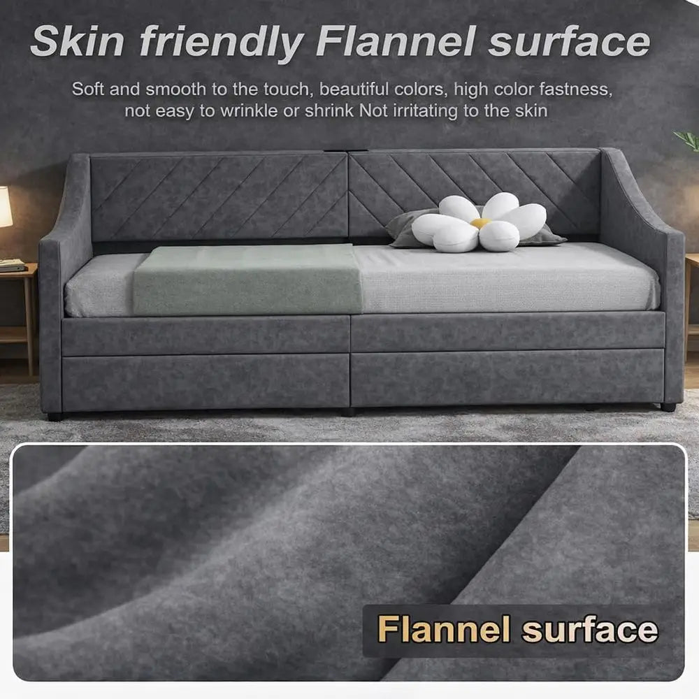 Twin Daybed with Storage Drawers and Leather Sofa Bed, Wood Slat Support, No Box Spring Needed (K Grey)