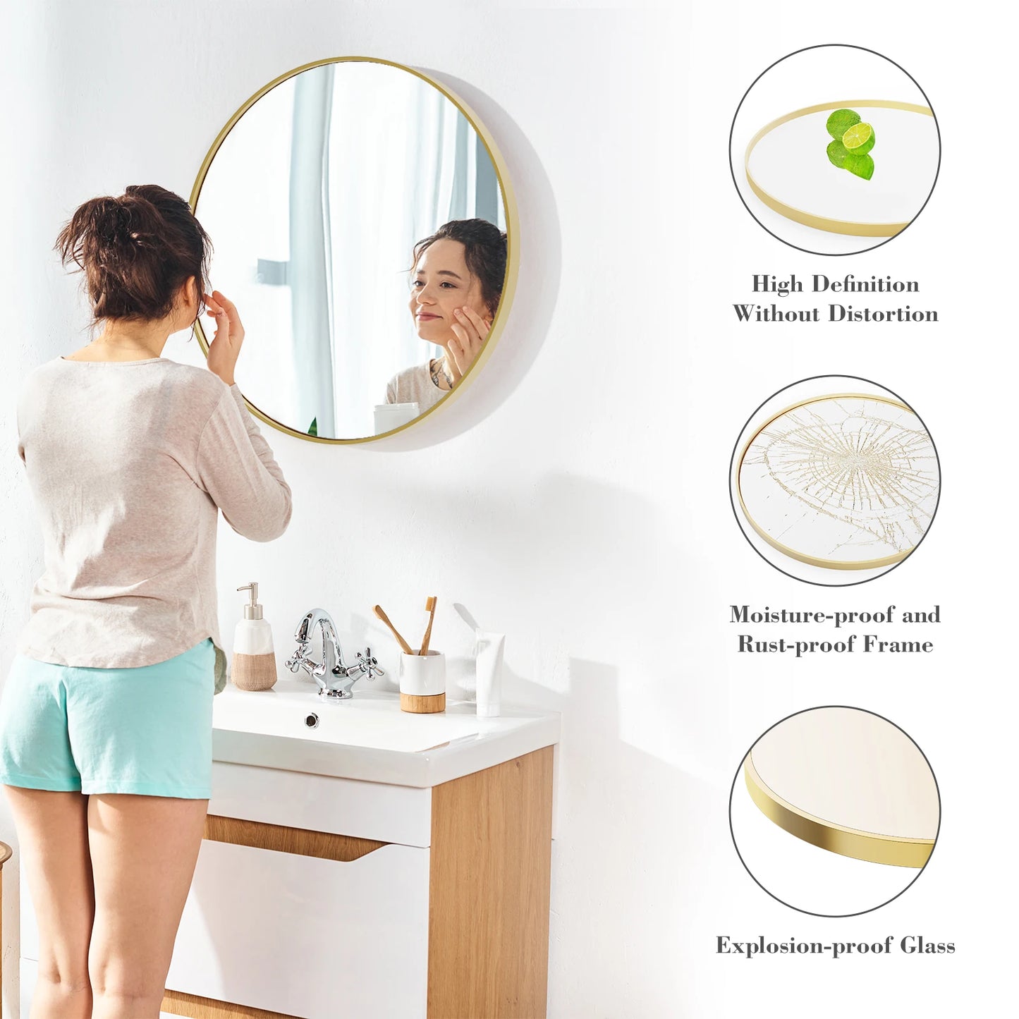 JHK Gold Round Vanity Mirror, Framed Wall Mount, Tempered Glass