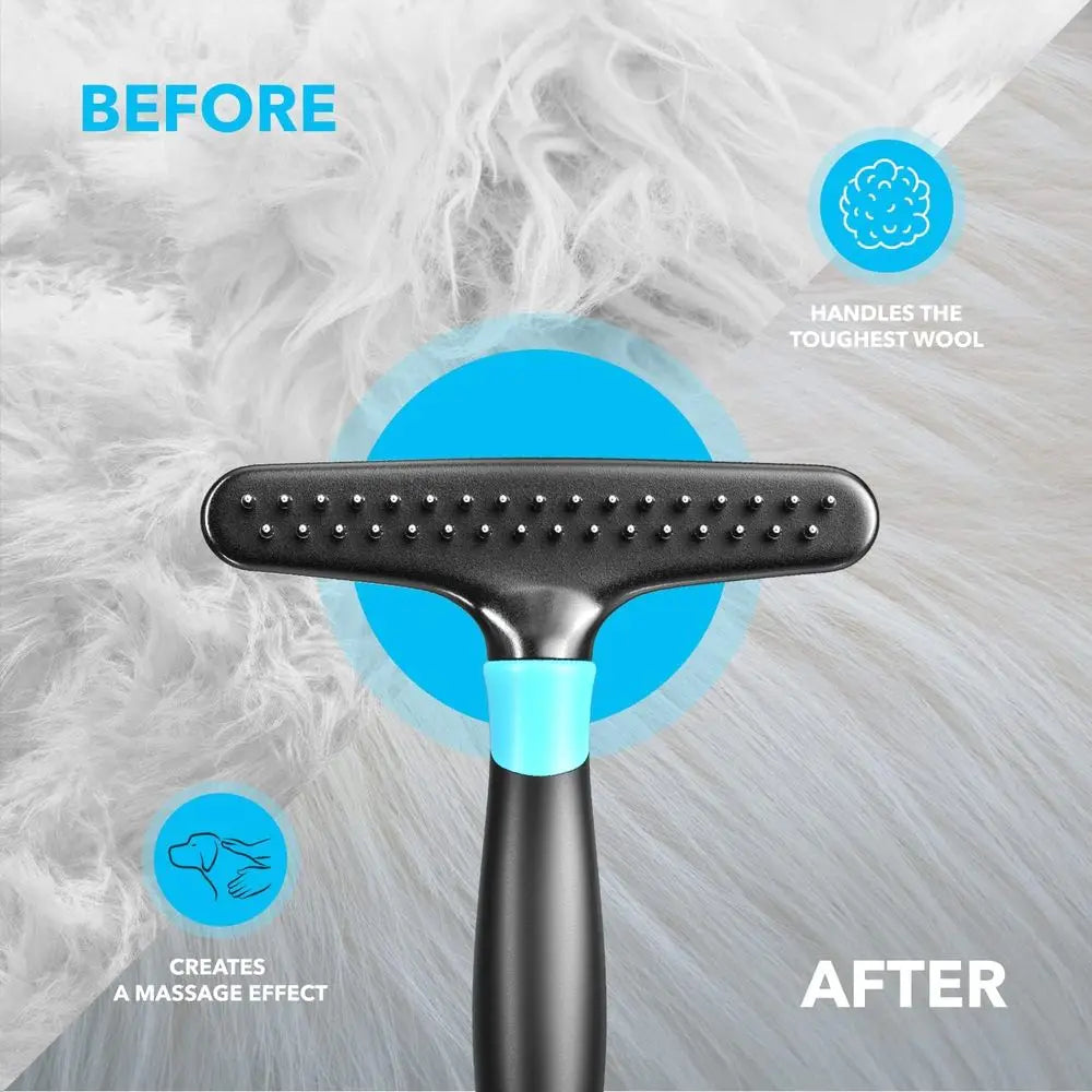 Undercoat Rake for Dogs, Cats - Matted, Short, Long Hair Coats - Double Row Stainless Steel Pins - Reduce Shedding by 90% (Blue)