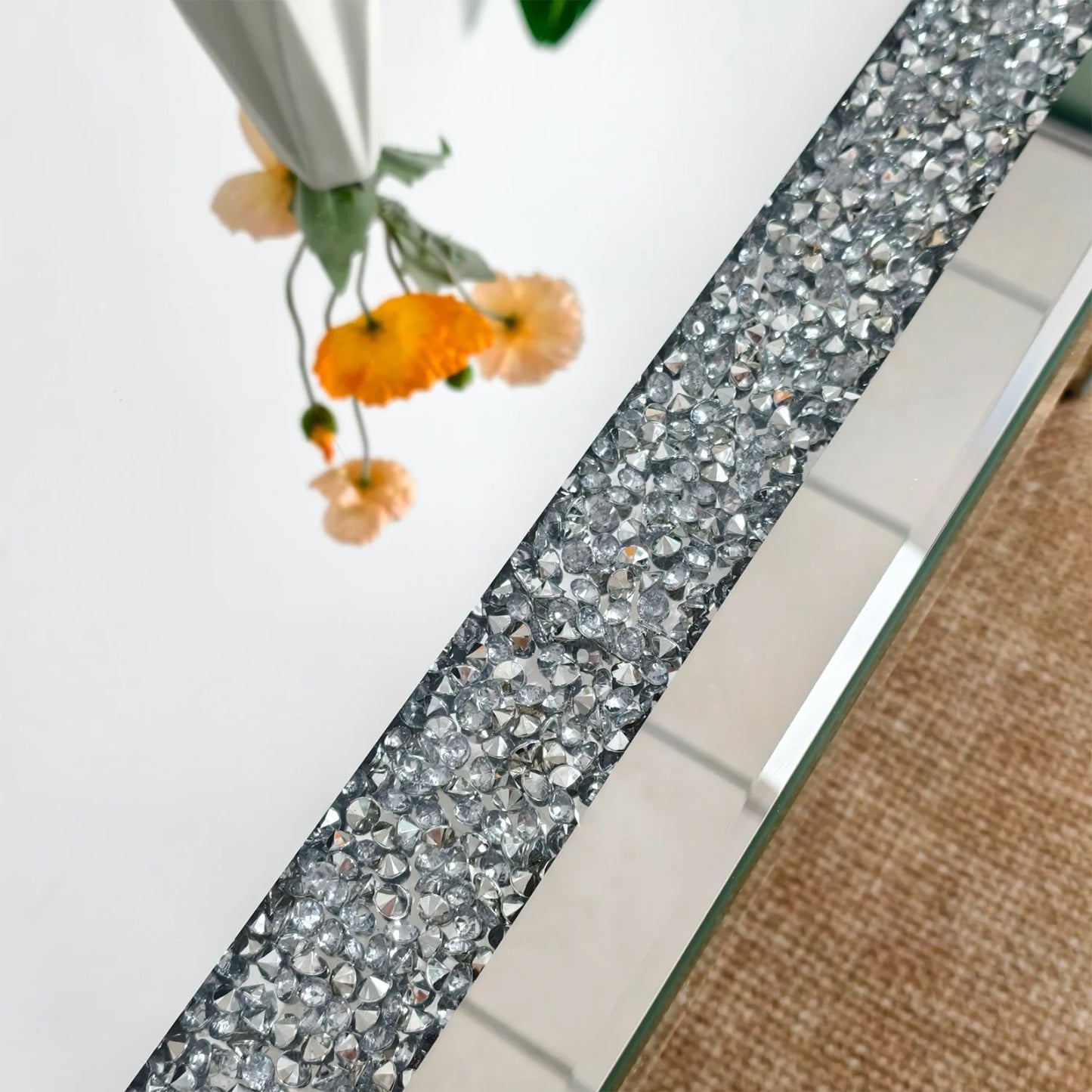 Modern Rectangular Mirrored Coffee Table With Crystal Diamond Inlay Accent
