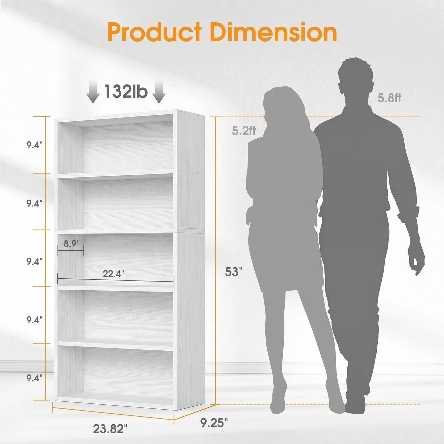 MCQ Five Tier Wooden Bookshelf With Adjustable Storage Shelves