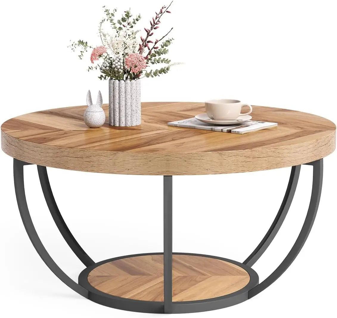Little Tree Marble Circle Coffee Table With Open Storage And 2-Tier Metal Legs