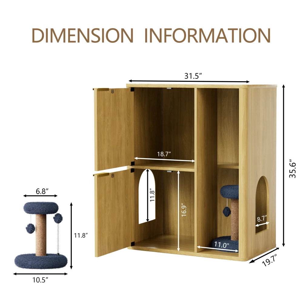 Light Wood Cat Litter Cabinet Cat Tree Grooved Concealed Litter Featuring Dual Cat Doors Storage Shelves Versatile Pet Cabinet