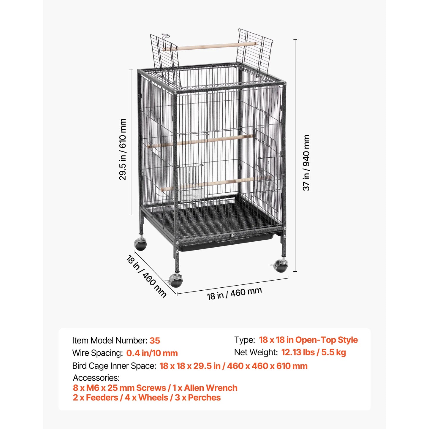 SucceBuy Bird Cage Open Flat Top Wrought Iron with Perches Slide-Out Tray and Plastic Feeders Casters for Diverse Bird Species