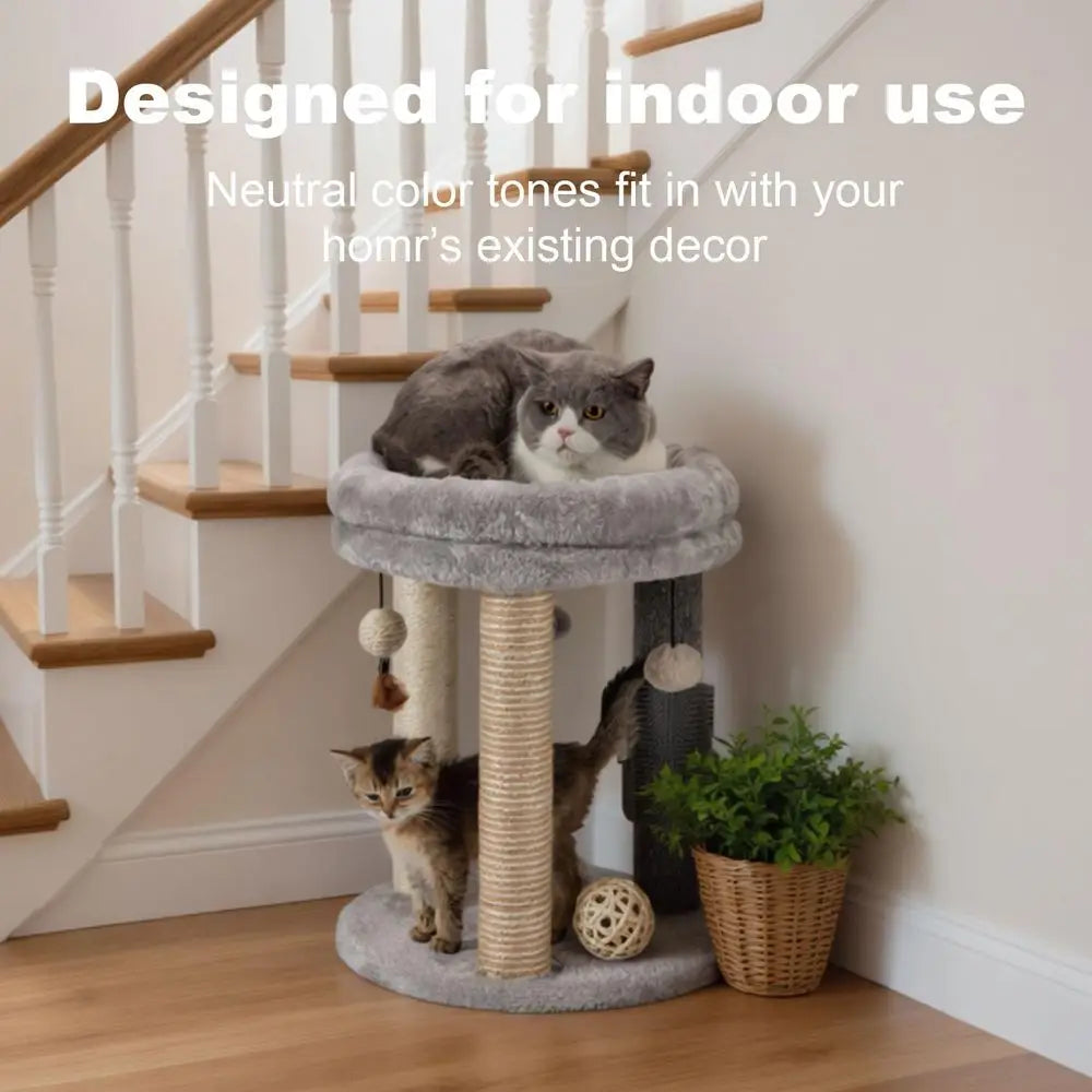 4in1 Small Cat Tree, Scratching Post with Tower Sot Bed, Sisal Carpet Jute Posts, Three Hanging Ball Toys and Massage Brush for