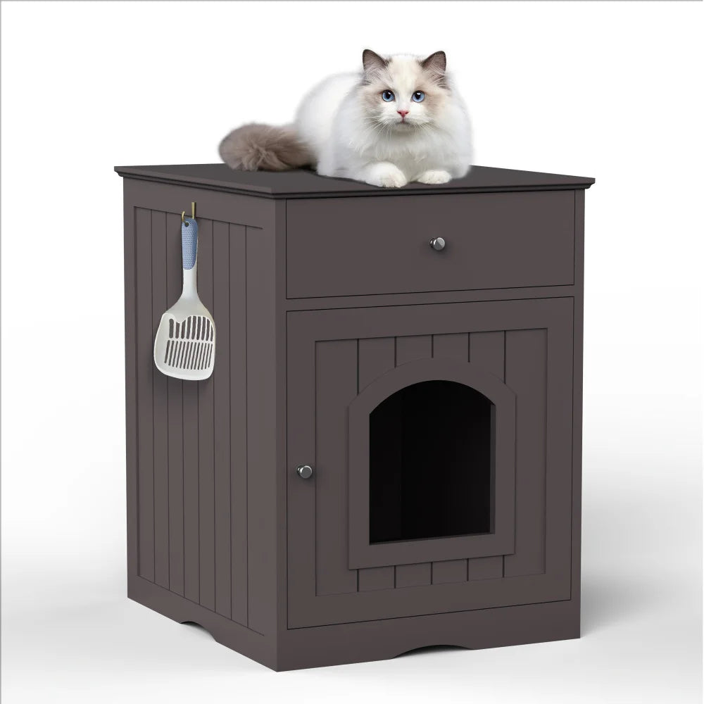 Wooden Cat Litter Box Enclosure and Indoor Pet House, Solid Wood White Cat Home with Drawer, Side Table and Nightstand Design, Furniture-Style Indoor Pet Crate and Hidden Litter Box Cabinet for Home Pet Areas, Living Rooms an