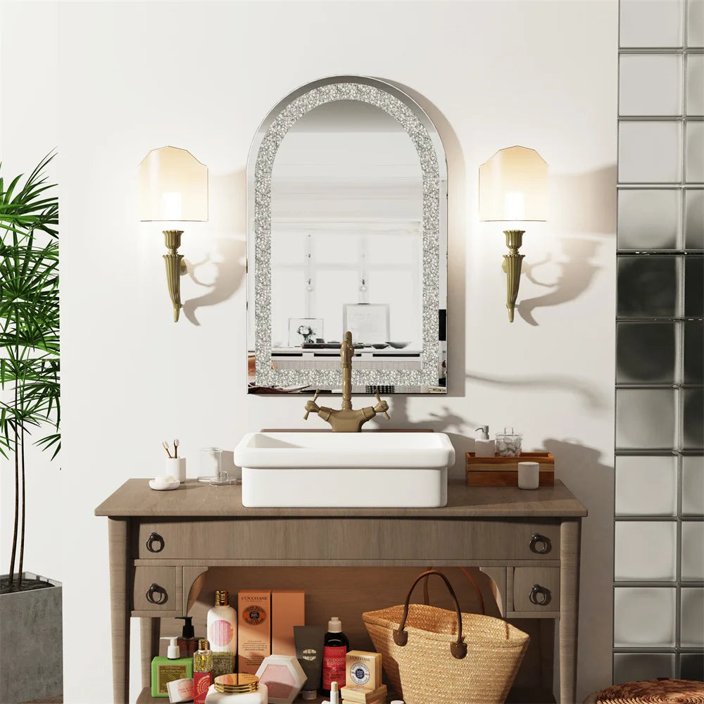 Luvodi Arched Wall Mirror With Crushed Diamond Decorative Frame