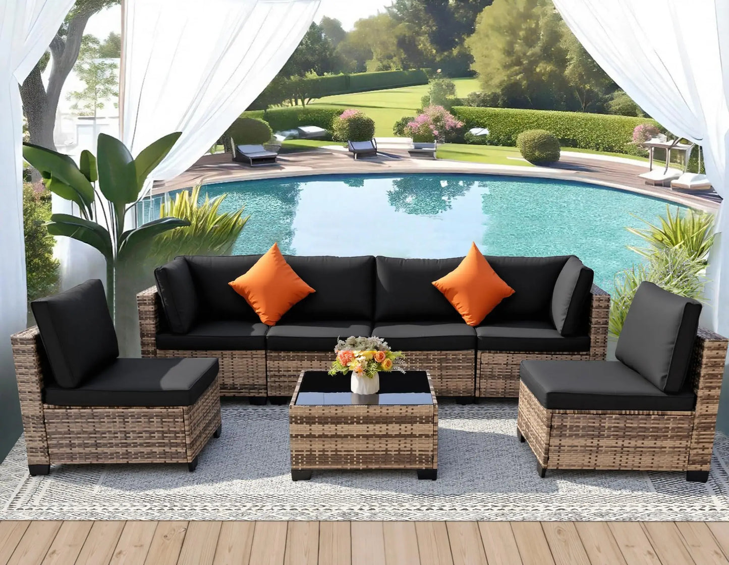 Seven Piece Outdoor Patio Wicker Sectional Rattan Sofa Set
