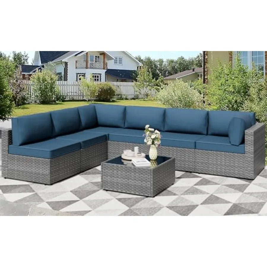 Outdoor patio furniture sets: gray PE wicker modular sectional sofa with washable cushions, Aegean blue accents, weather-resist