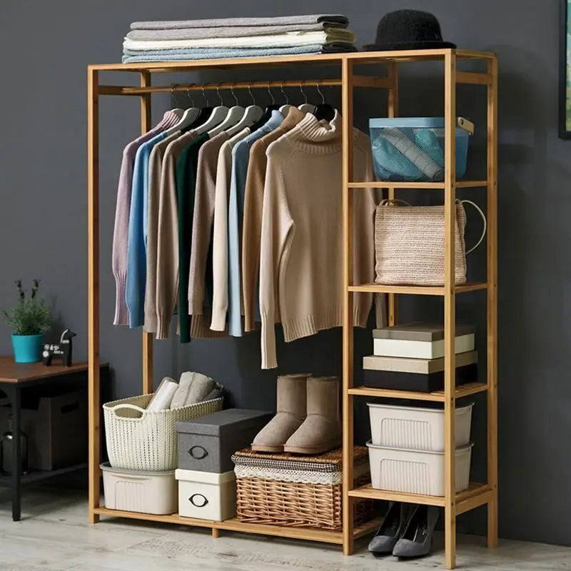 BINGOPAW Bamboo Wood Clothing Rack With Shelves And Hooks