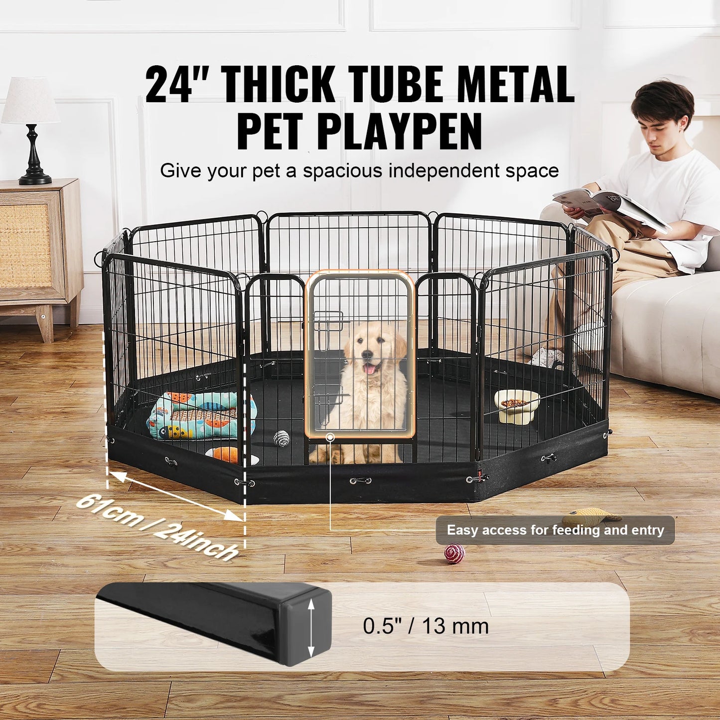 SucceBuy Dog Playpen 8 Pcs 24x24in Panels Foldable Metal Pet Exercise Pen Dog Fence Indoor Outdoor Pen with Door for Dogs, Cats