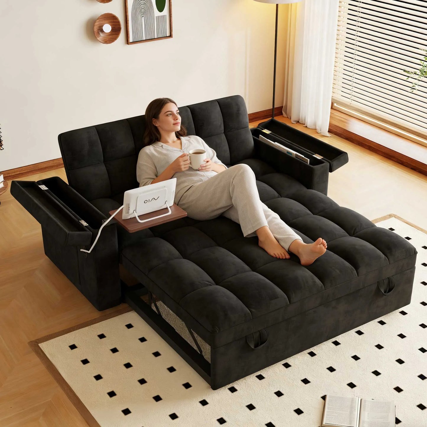 Adjustable Foldable Sofa Bed With USB Port And Storage Armrests