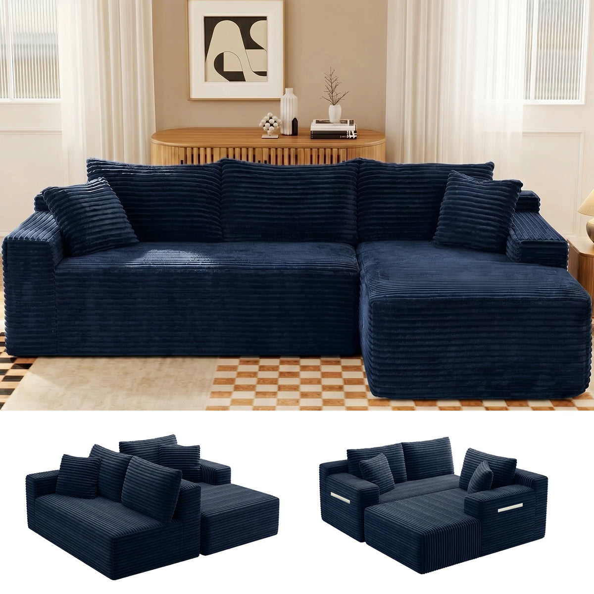 Corduroy Modular Sectional Sofa With Chaise For Living Room Furniture