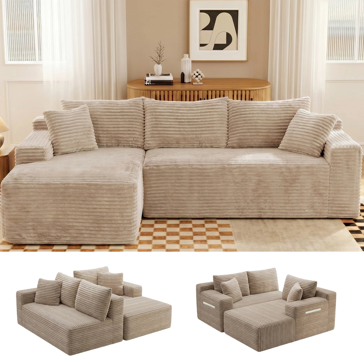 Corduroy Modular Sectional Sofa With Chaise For Living Room Furniture