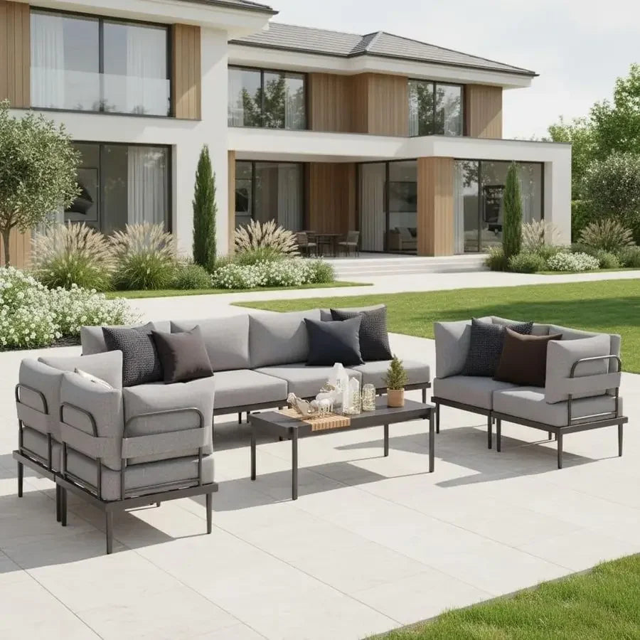 9 Pieces Patio Furniture Set, UShaped Outdoor Sectional Sofa with 6 Inch Olefin Cushion and Coffee Table, Modern Metal Outdoor
