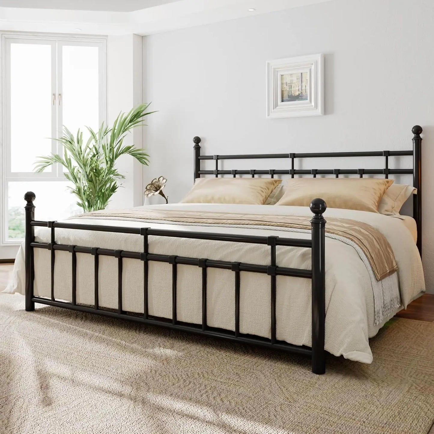 Vintage Metal King Bed Frame with Headboard & Footboard, Farmhouse Style, Storage, No Box Spring, Noise-Free, Customized