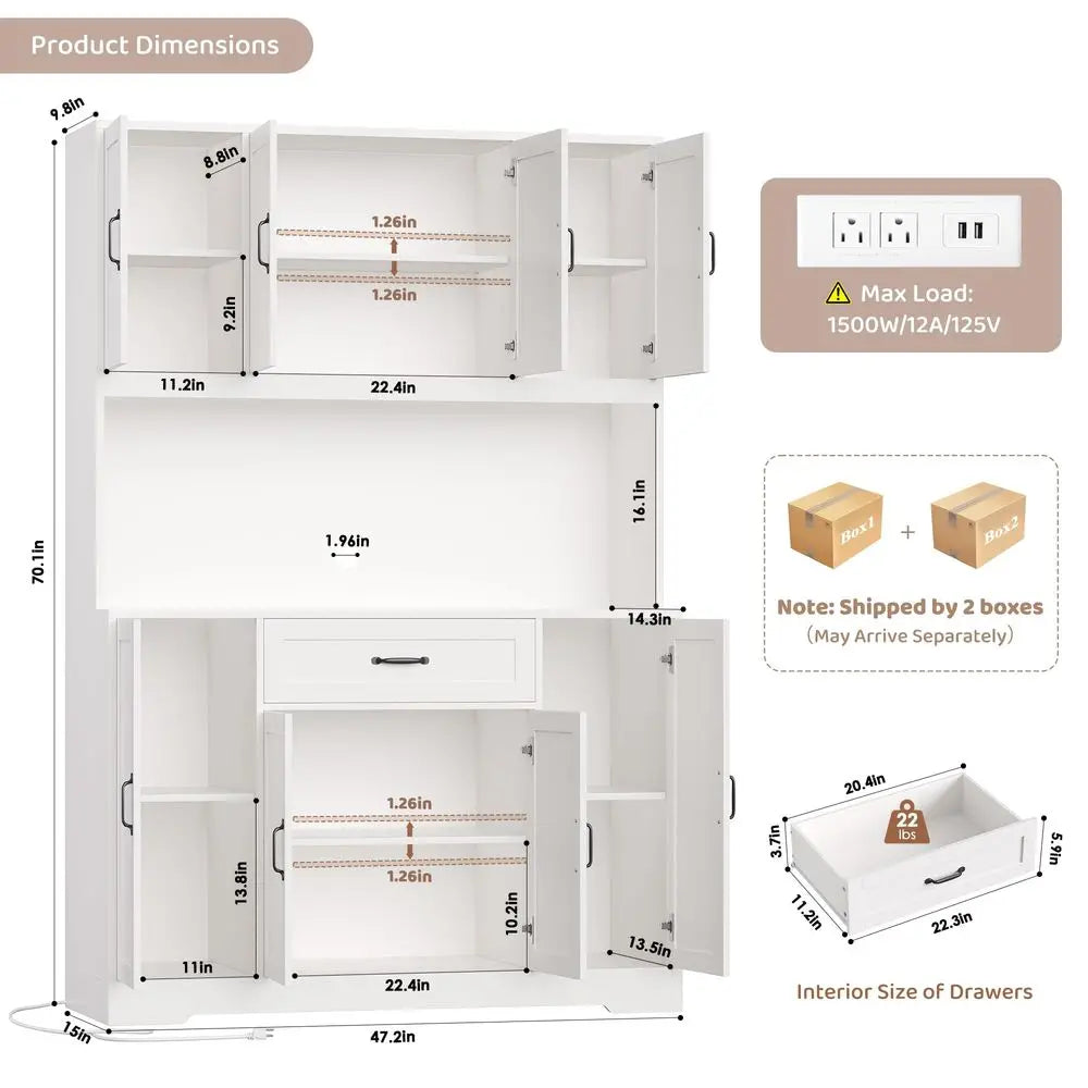 70 LED Kitchen Pantry Cabinet with Charging Station, 47 Wide Pantry Storage Cabinet with Large Microwave Stand, Modern Kitchen