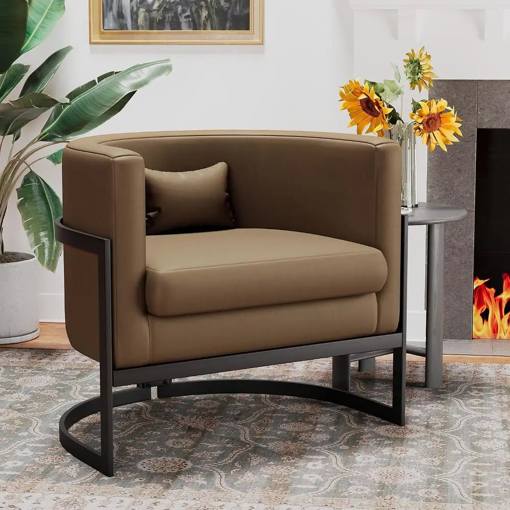 Faux Leather Barrel Accent Chair With Sturdy Metal Legs for Living Rooms