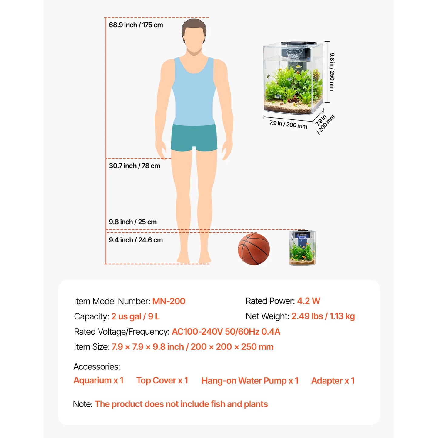 SucceBuy Fish Tank Aquarium 3.5Gal Arch Ultra-Clear GPPS Starter Smart Tank Adjustable 3 Color Lighting for Freshwater Fish Home