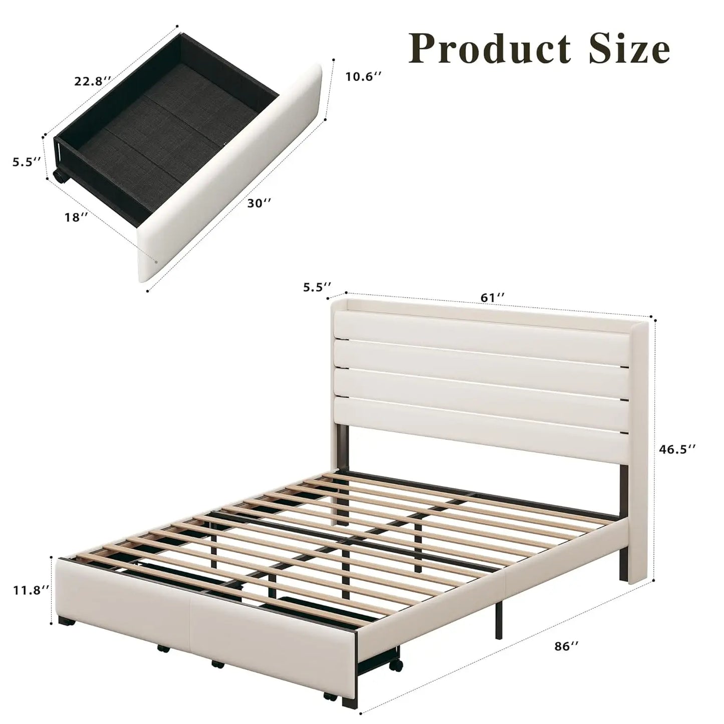 Queen Velvet Upholstered Storage Bed Frame with LED Light, USB Charging Station, Metal Slats Platform, White, Customized