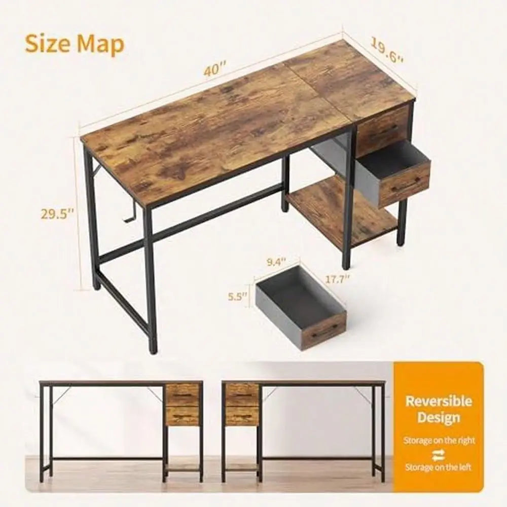 Computer Desk With 2 Drawers, 40 Inch Small Office Desk Study Writing Table, Light Brown