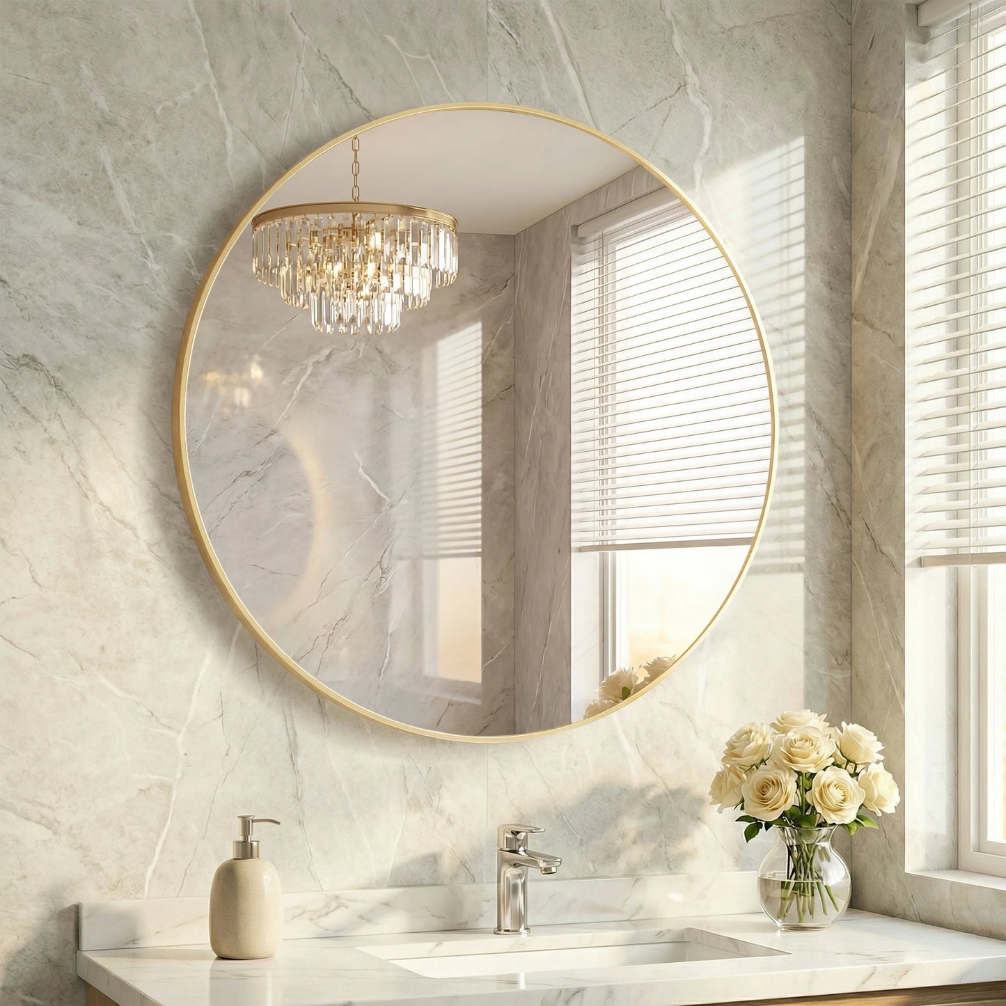 JHK Round Wall Mirror Tempered Glass Waterproof Decorative Room Accent