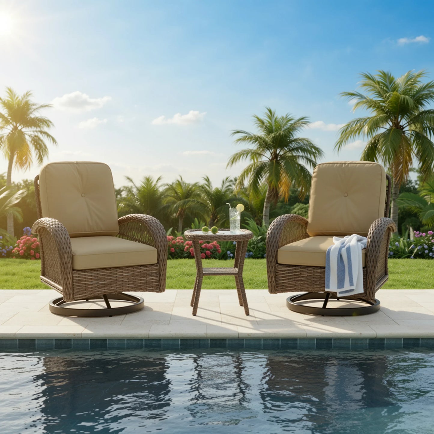 Outdoor 3 Piece Patio Set With Rotating Rocking Cushioned Chairs