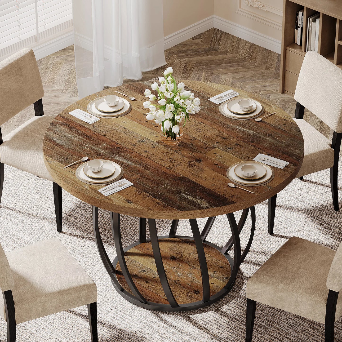 Tribesigns Round Wooden Dining Table With Sturdy Metal Base