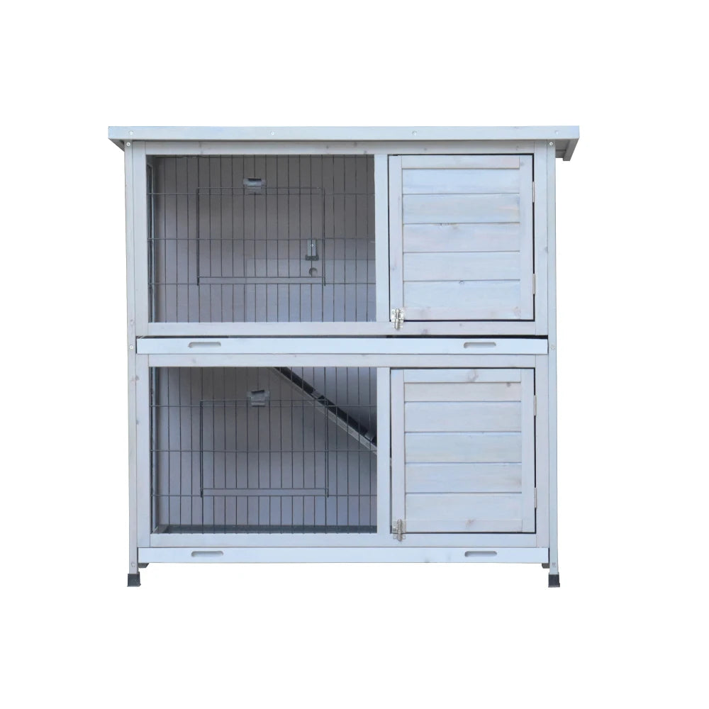 Rabbit Hutch Outdoor 2-Story Rabbit Cage Indoor with Run Bunny Cage with 2 Removable No-Leak Trays Pet Cages with Non-Slip Ramp