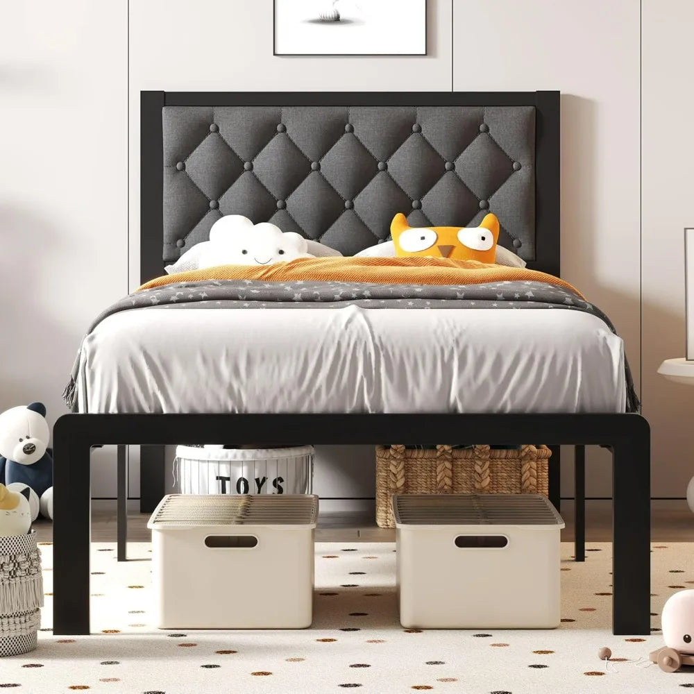 Fluest Linen Upholstered Twin Bed Frame With Headboard And Storage