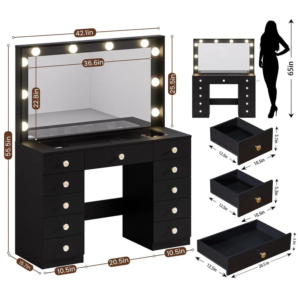42.1 Vanity with Large Mirror and 10 LED Lights, Vanity Desk with Glasstop, 11 Drawers with Crystal Handles, Dressing Table wit