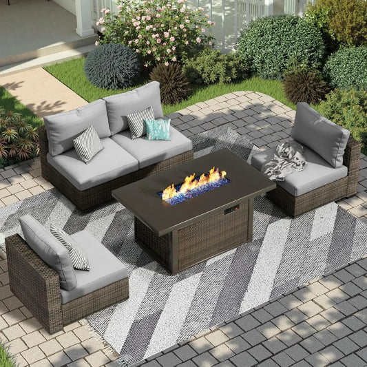 Outdoor Rattan Sectional Sofa Set With Fire Pit Table
