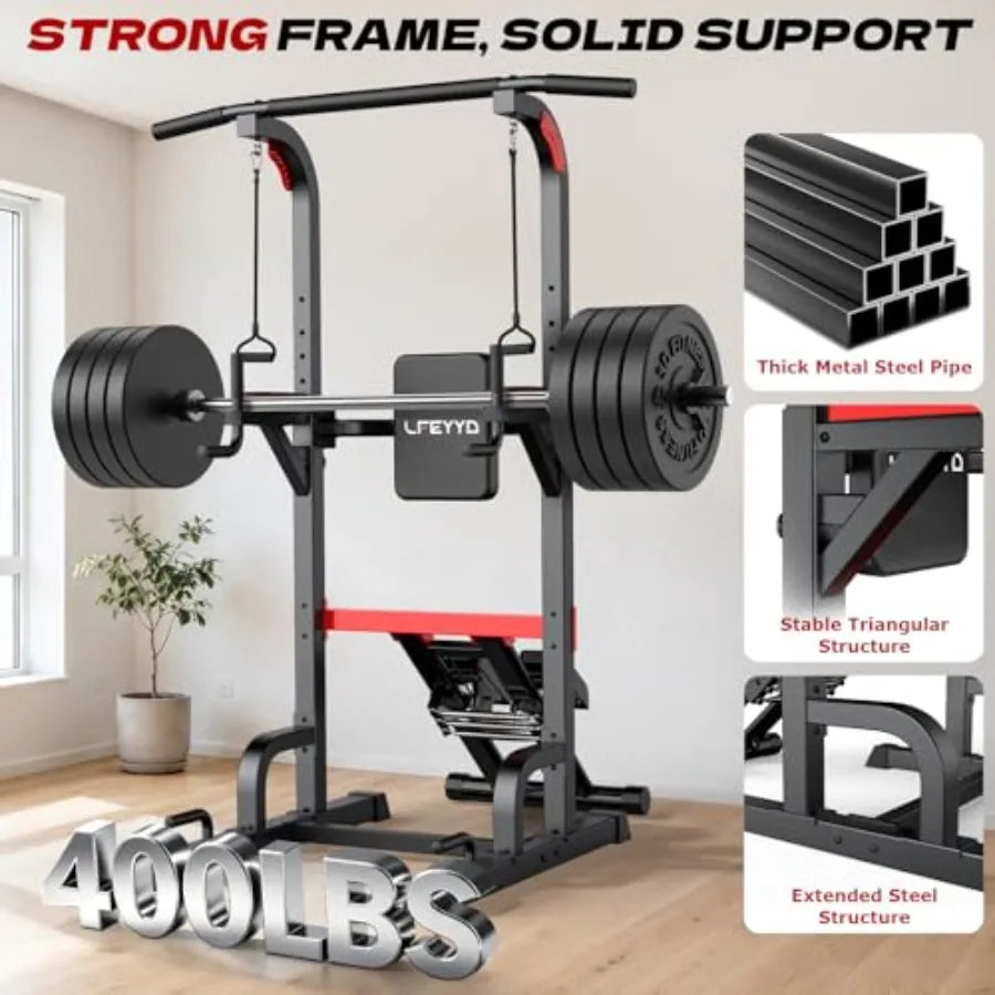 Home gym power tower dip station with H-frame, steel construction, black finish, adjustable height, multi-grip handles, backres
