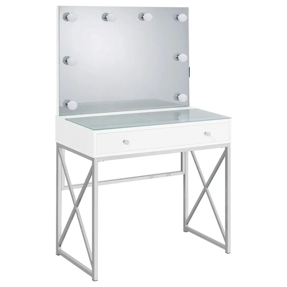 Home Furnishings Eliza Contemporary 3Piece 1Drawer Makeup Vanity Desk for Bedroom with Hollywood Vanity Mirror with White Faux